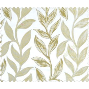 Big green beige leaves on stem with embossed look on half white cream shiny fabric main curtain